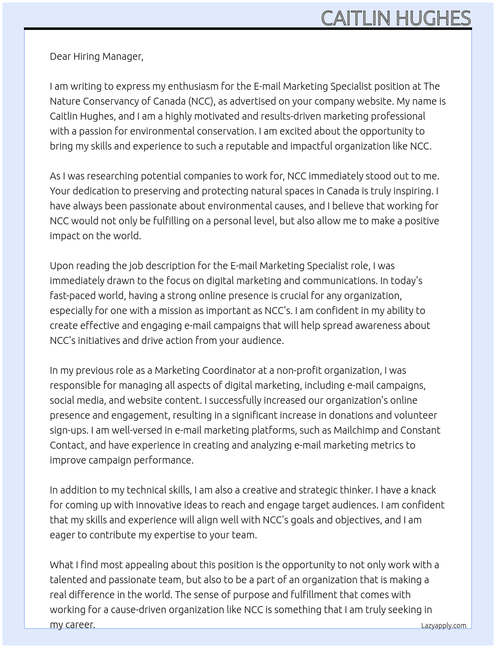 E-mail Marketing Specialist At The Nature Conservancy of Canada (NCC) Cover Letter