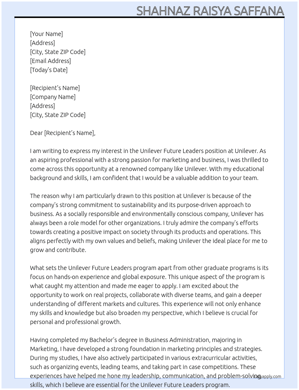 Unilever Future Leaders At Unilever Cover Letter