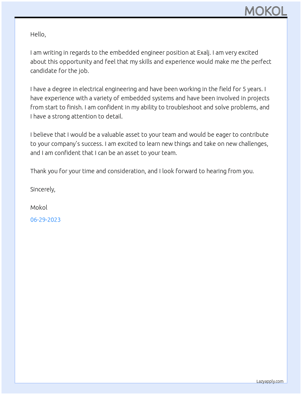 Embedded engineer At Exalj Cover Letter