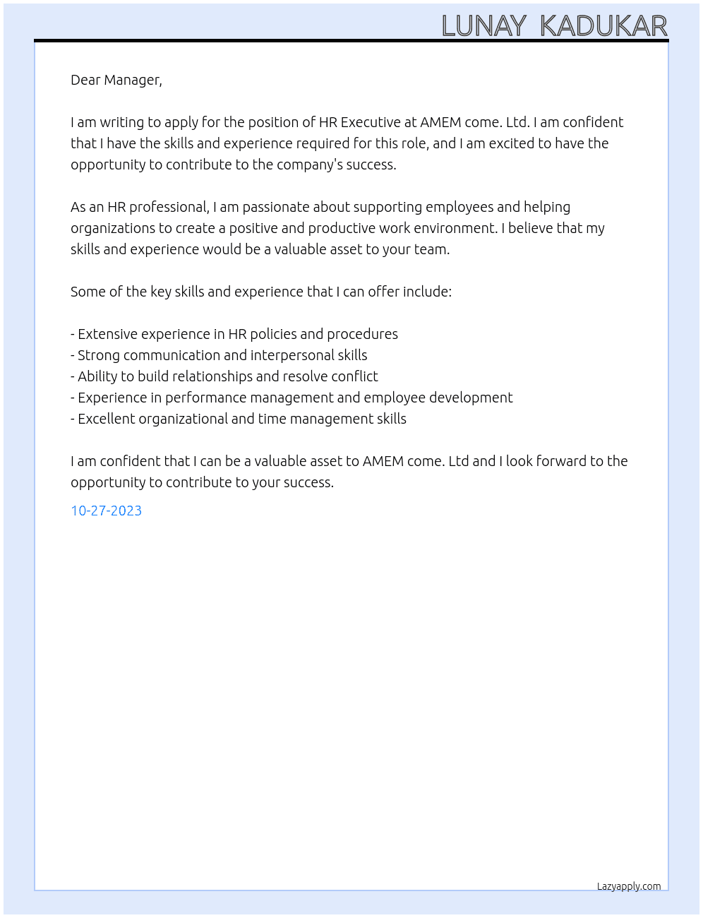 for the post of HR Executive At AMEM come. Ltd Cover Letter