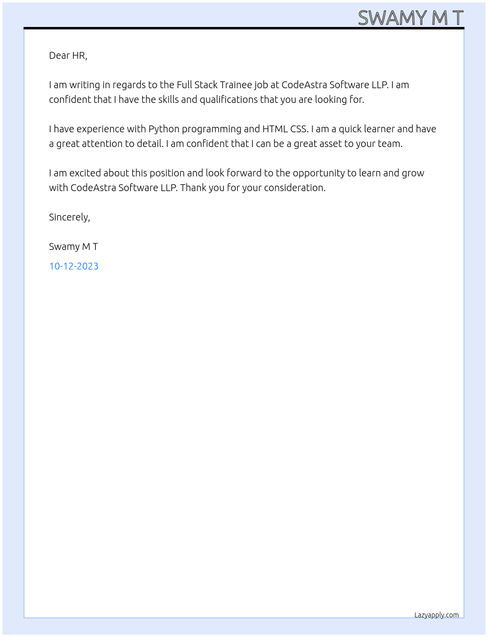 Full Stack Trainee job At CodeAstra Software LLP Cover Letter