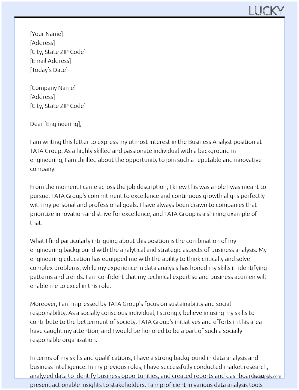 BUSSINESS ANALYST  At TATA GROUP Cover Letter