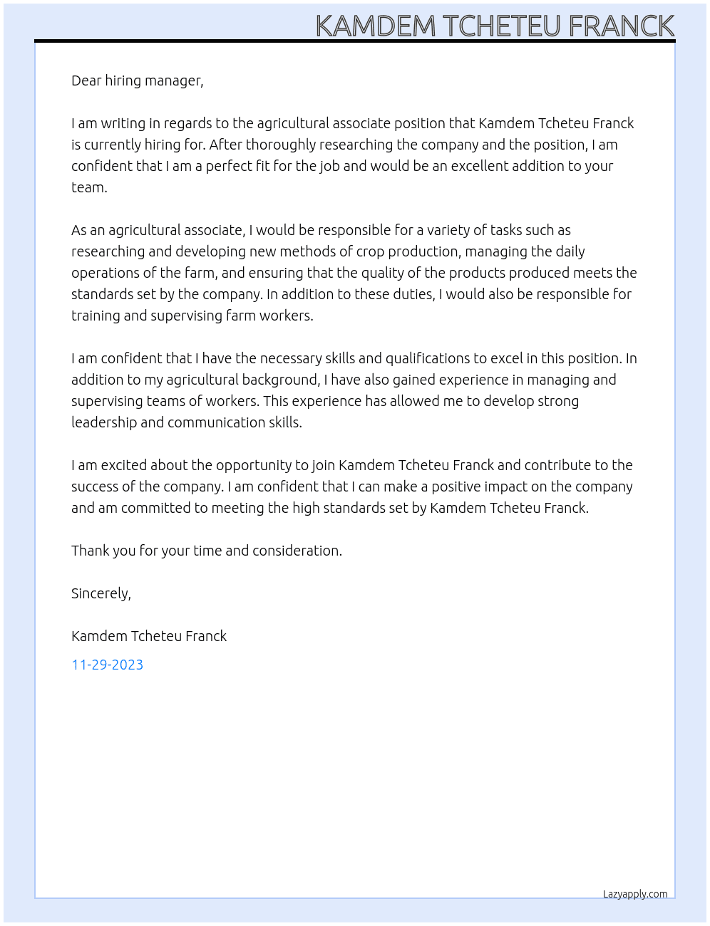 Agricultural associate At Kamdem Tcheteu Franck Cover Letter