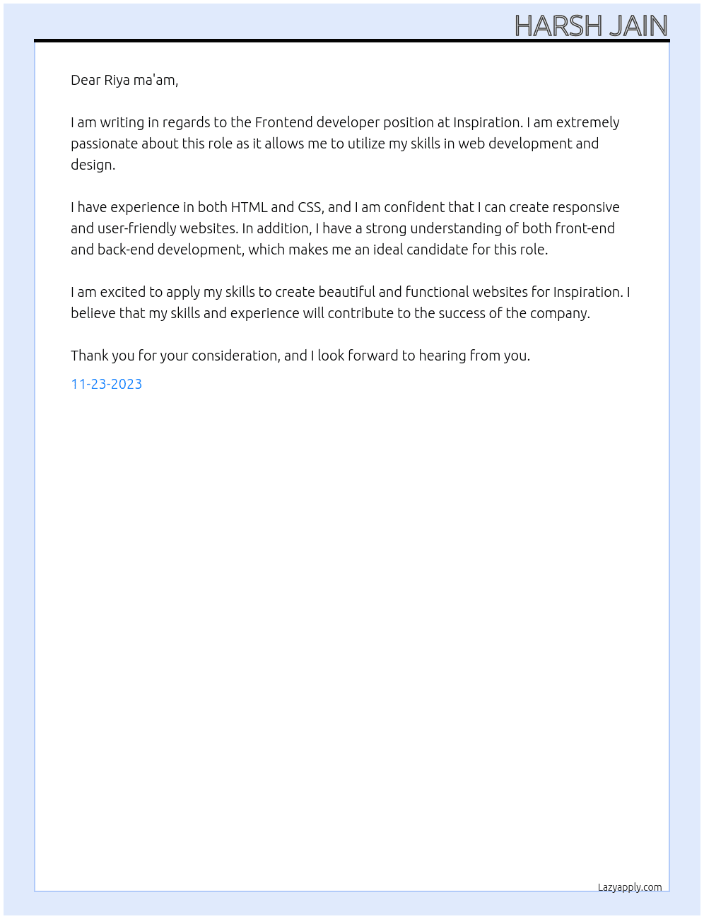 Frontend developer  At Inspiration  Cover Letter
