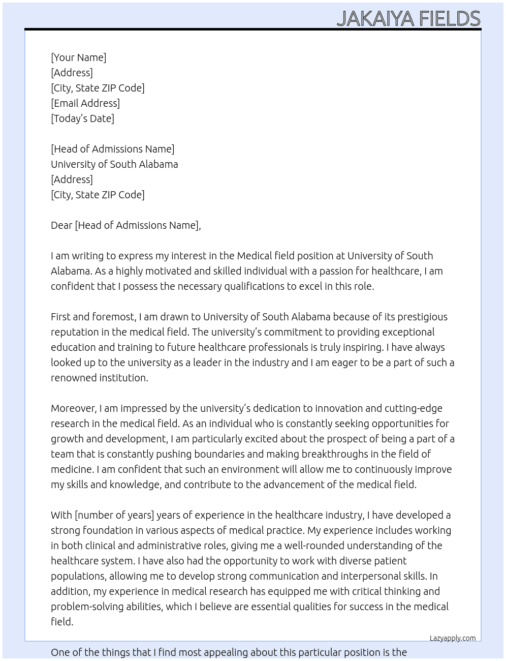 Medical field At University of South Alabama  Cover Letter