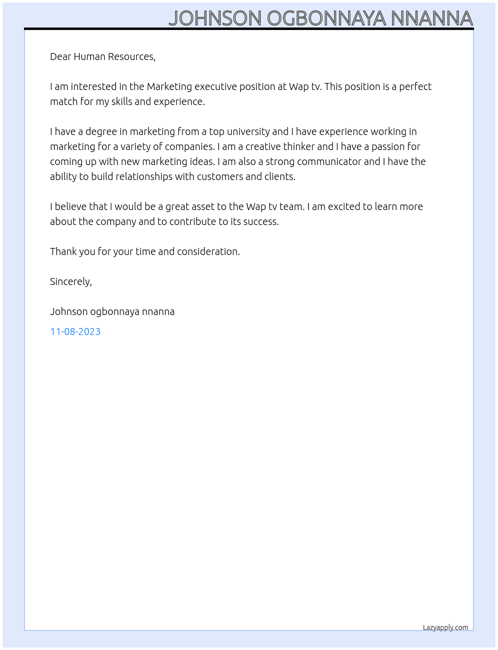 Marketing executive At Wap tv Cover Letter