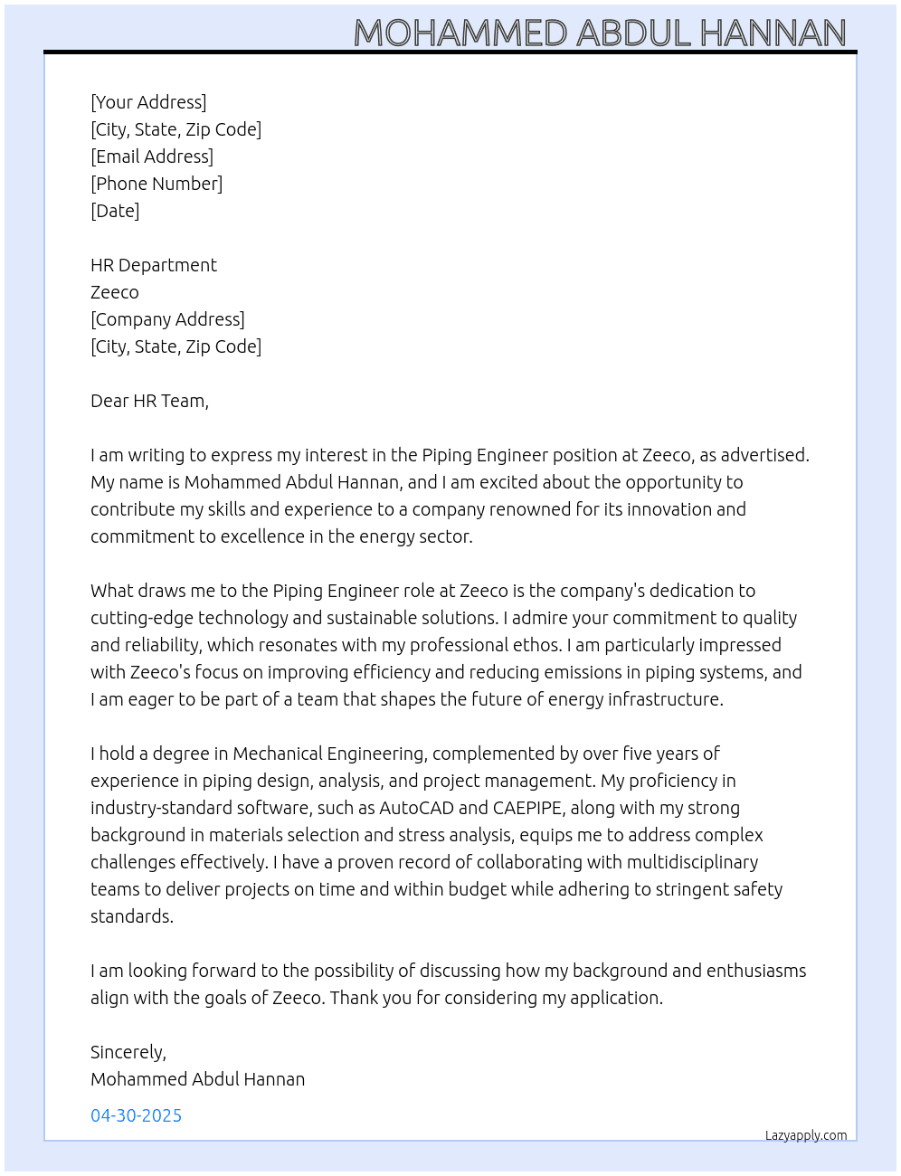 Piping engineer At zeeco Cover Letter