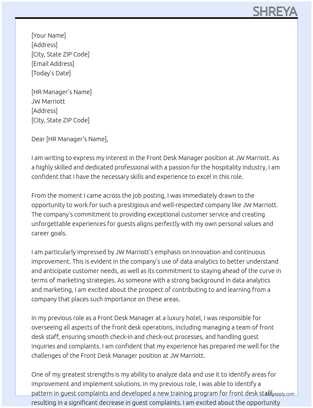 Front Desk Manager  At JW Marriott  Cover Letter