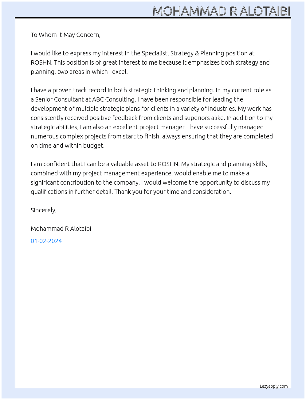 Specialist, Strategy & Planning At ROSHN Cover Letter
