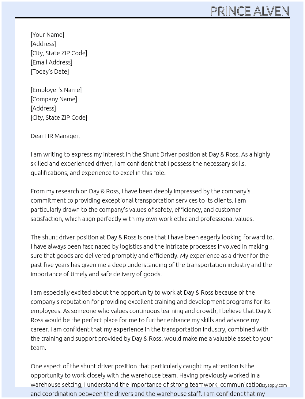 Shunt Driver At Day & Ross Cover Letter