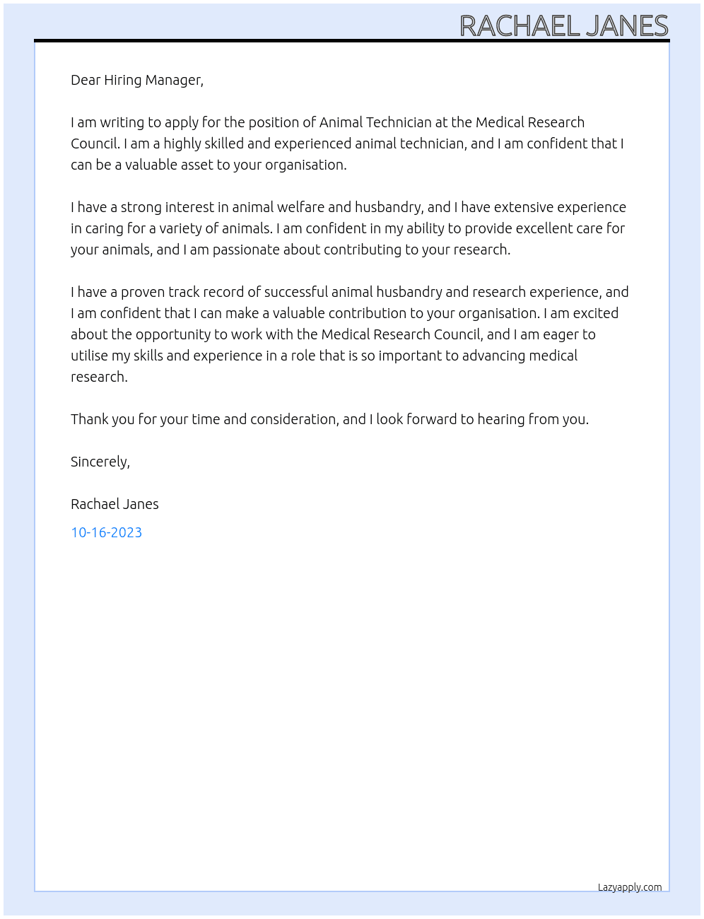 Animal Technician At Medical Research Council Cover Letter
