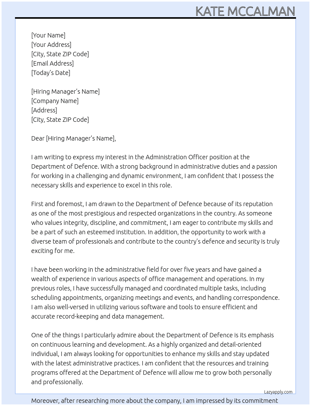 administration officer  At department of defence Cover Letter