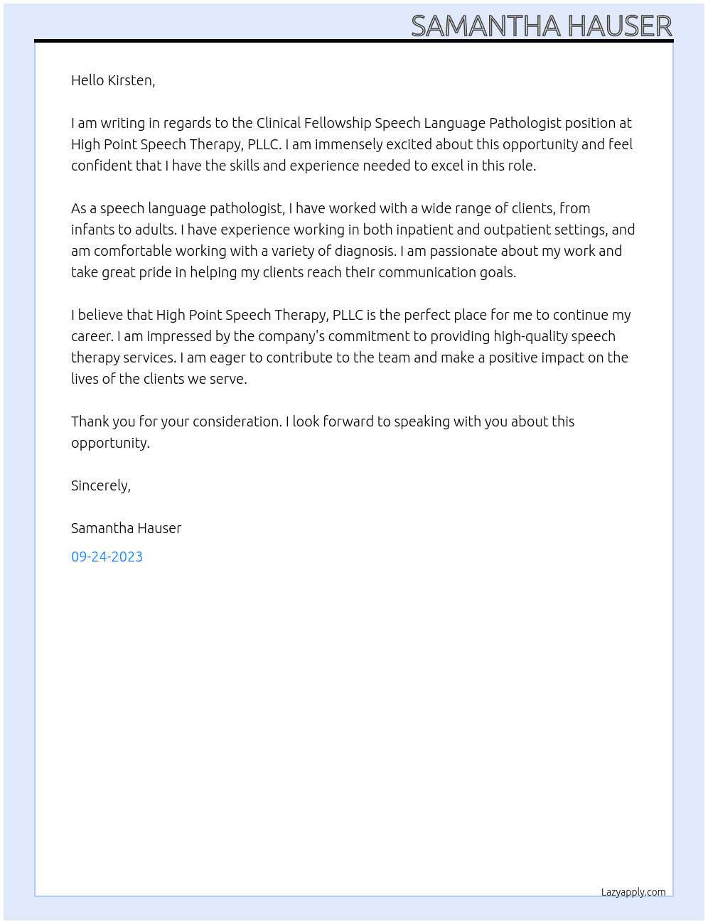 Clinical Fellowship Speech Language Pathologist  At High Point Speech Therapy, PLLC Cover Letter