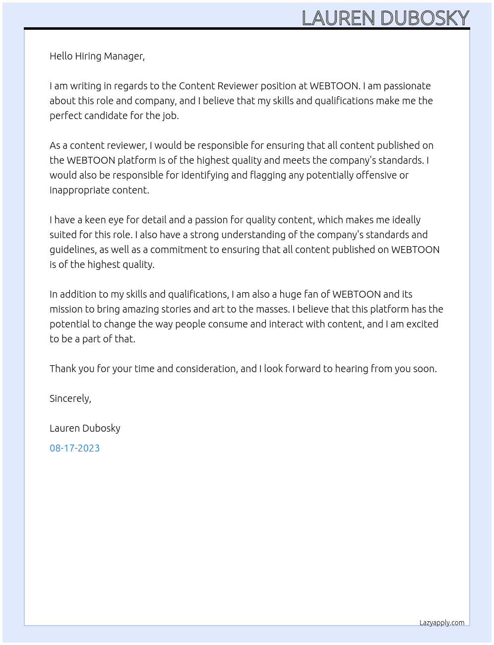 Content Reviewer At WEBTOON Cover Letter