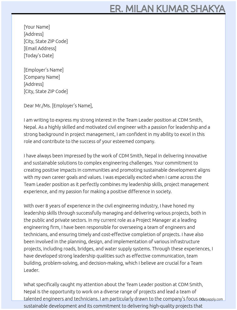Team Leader At CDM Smith, Nepal Cover Letter