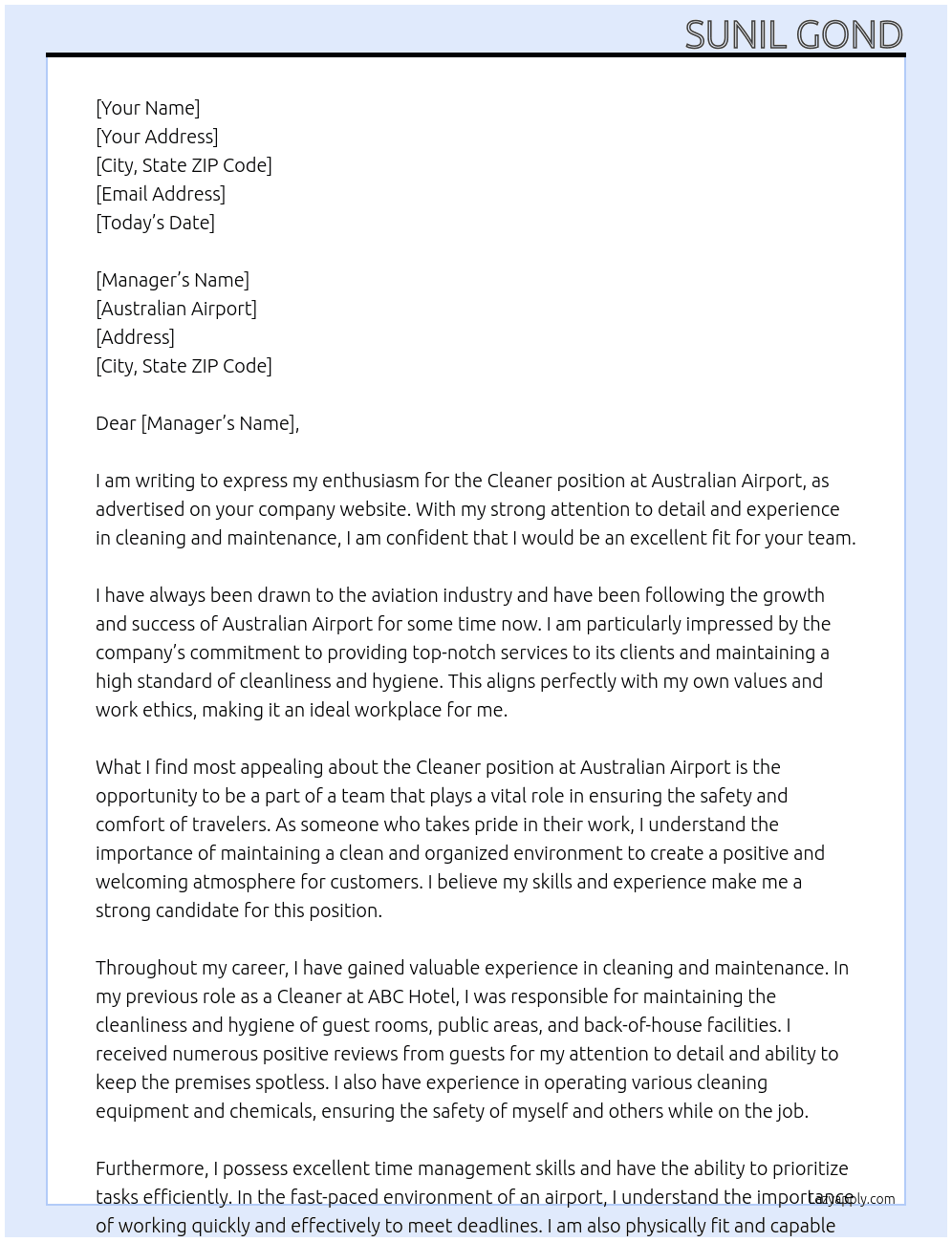 Cleaner At Australian airport  Cover Letter