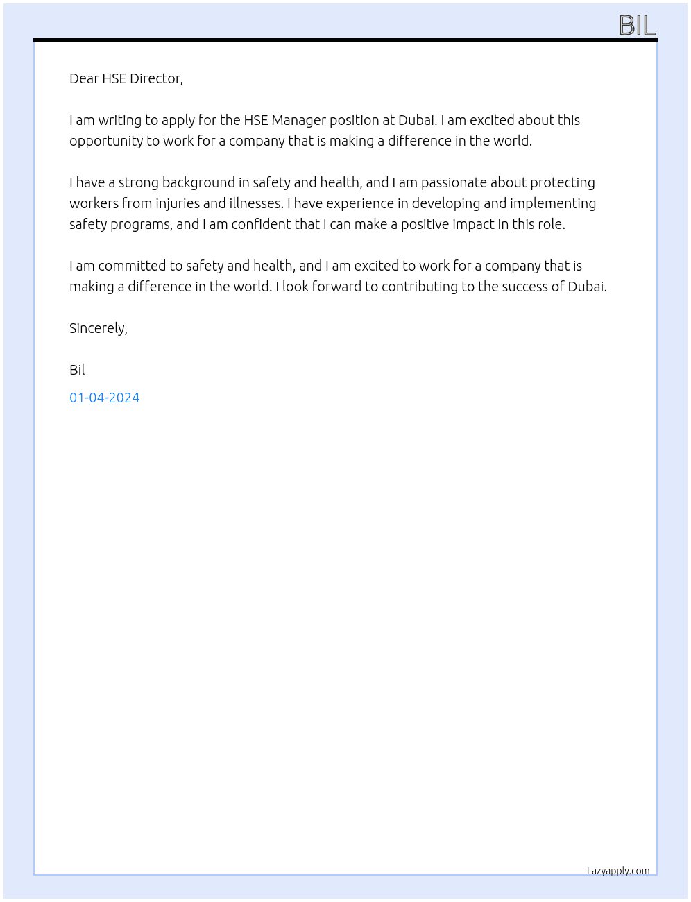 HSE Manager At Dubai Cover Letter