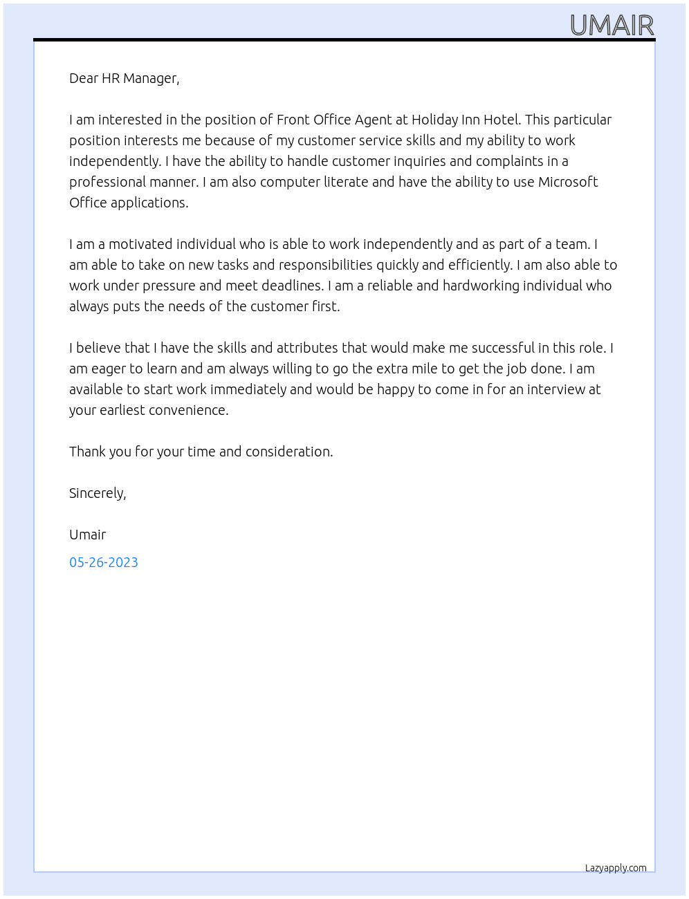 Front Office Agent At Holiday Inn Hotel Cover Letter
