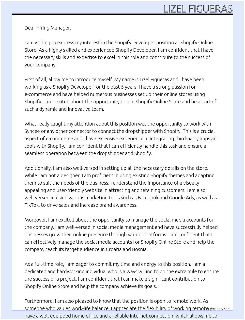 Shopify Developer At Shopify Online Store Cover Letter
