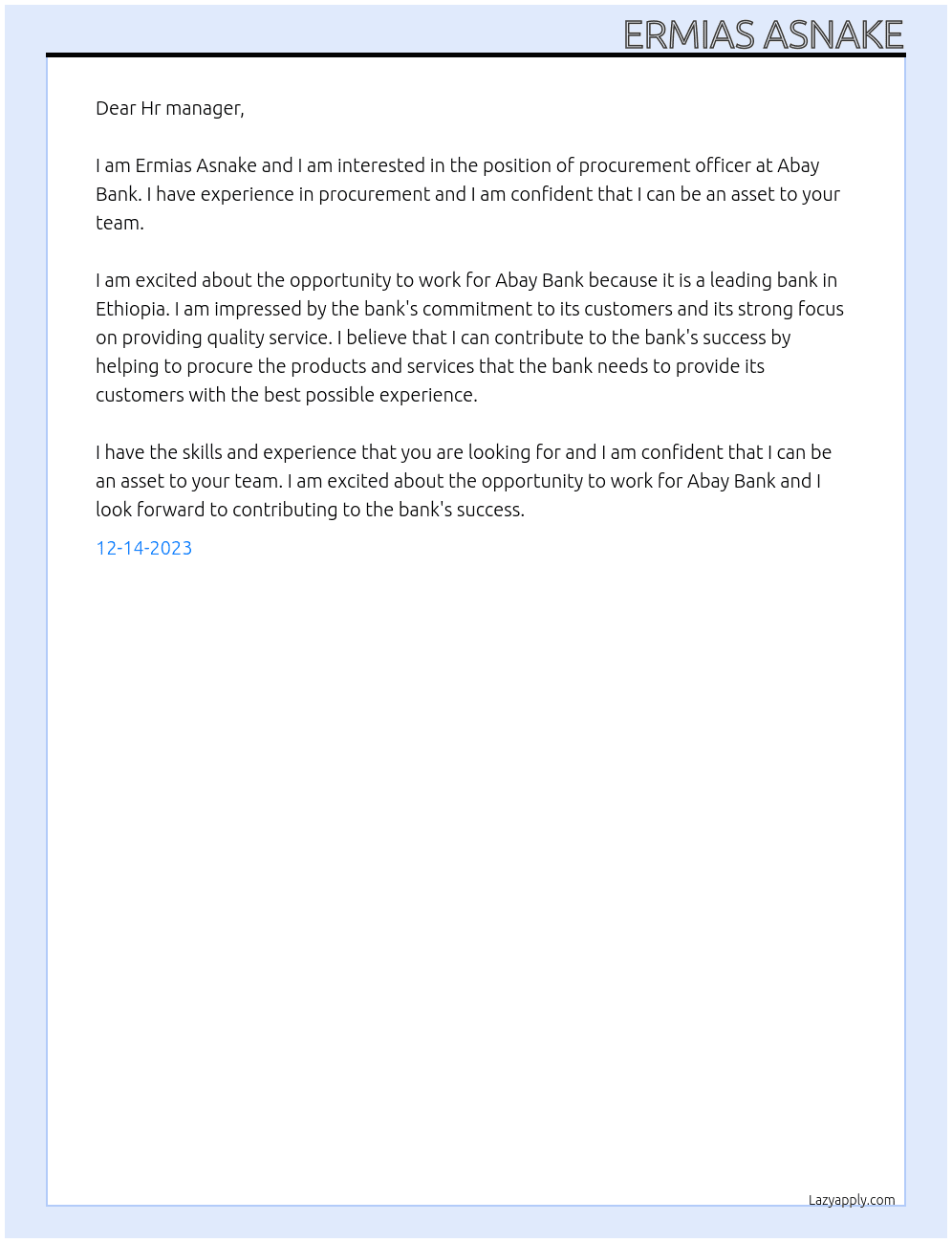 procurement officer At Abay Bank Cover Letter
