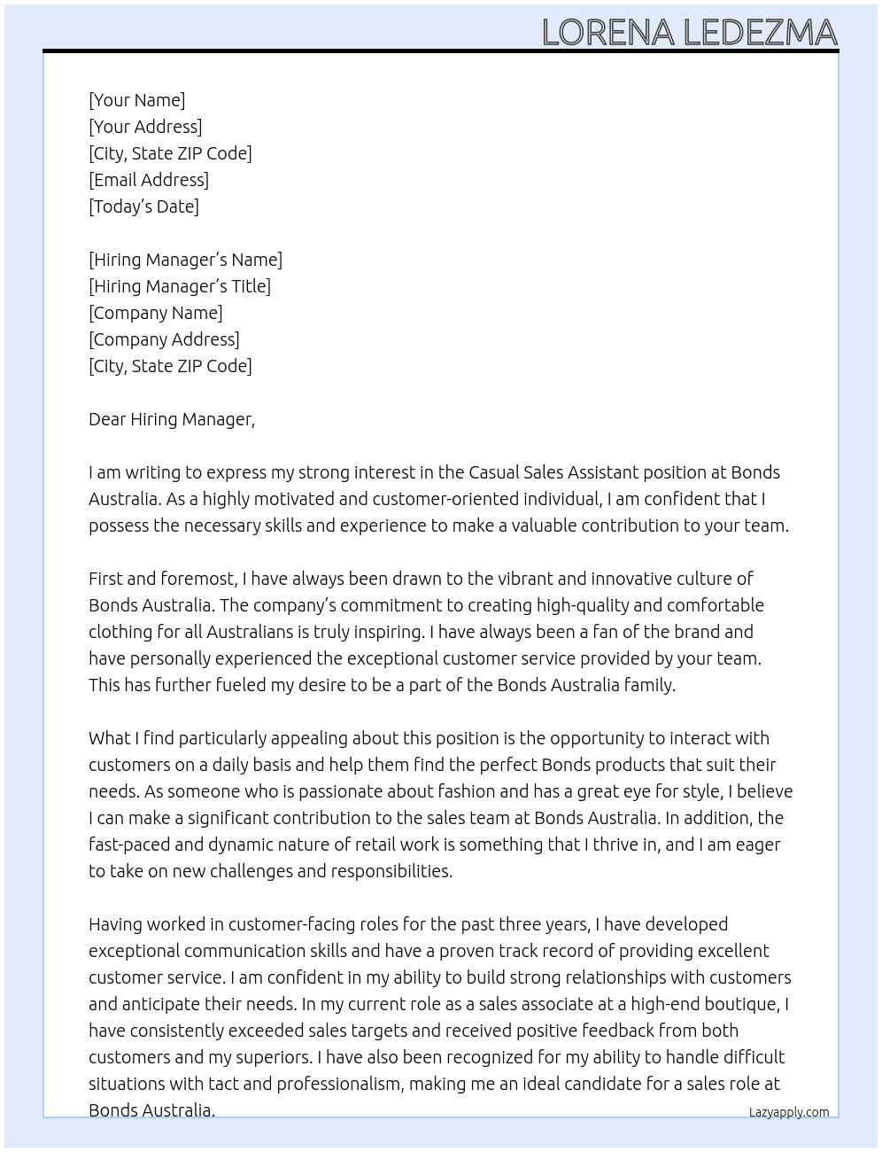 Casual Sales Assistant At Bonds Australia Cover Letter