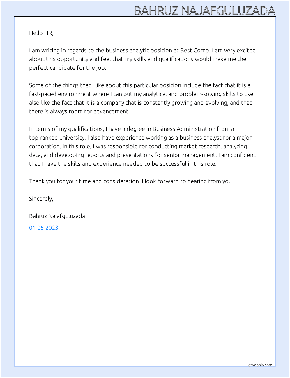 business analytic At Best Comp Cover Letter