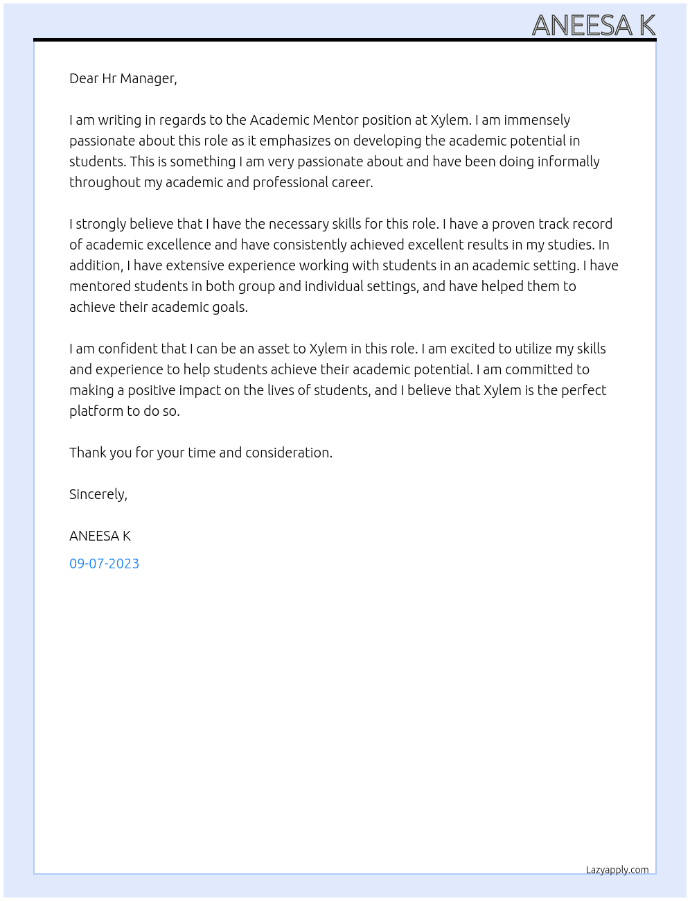 Academic Mentor At Xylem Cover Letter