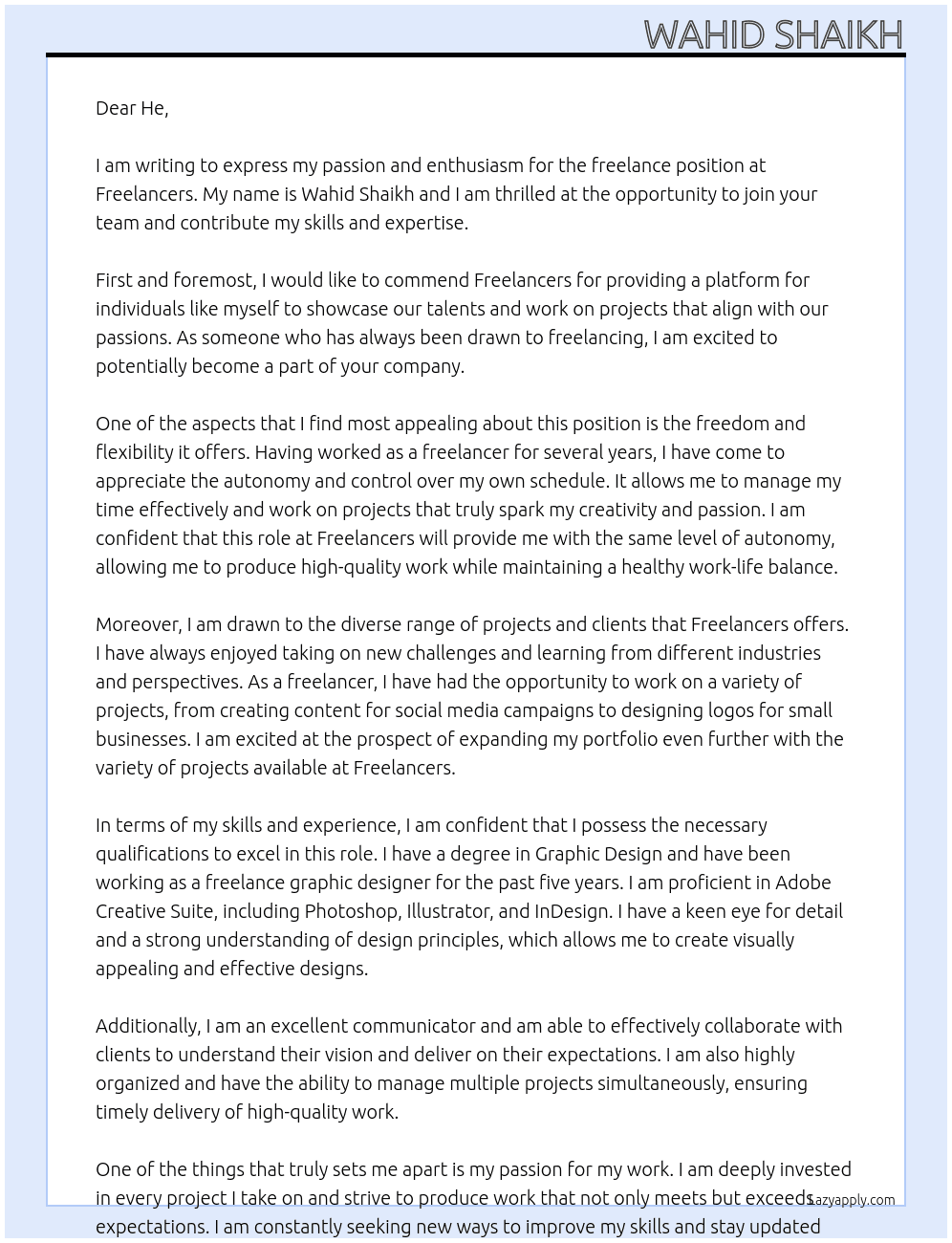 Freelance  At Freelancers  Cover Letter