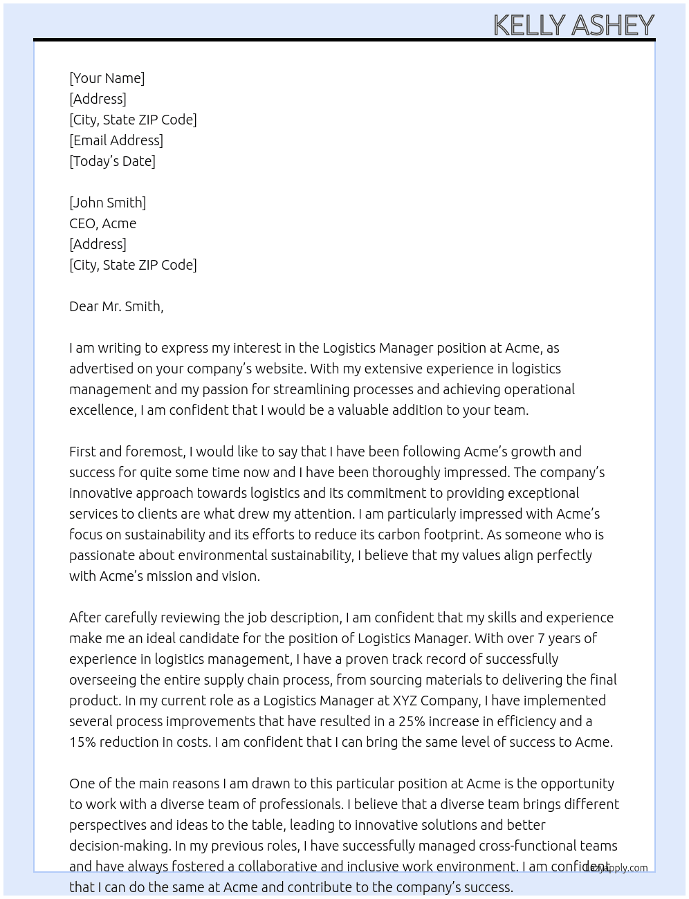 Logistics Manager At Acme Cover Letter