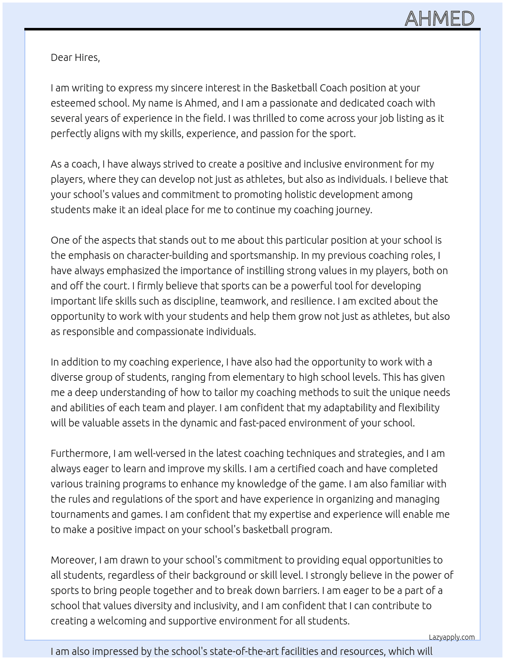 Basketball coach  At School  Cover Letter