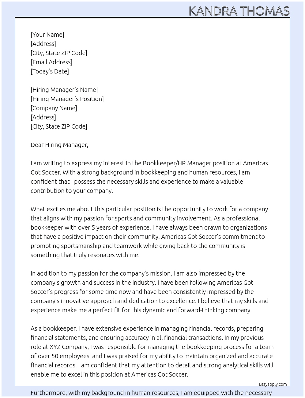Bookkeeper/HR Manager At Americas Got Soccer Cover Letter