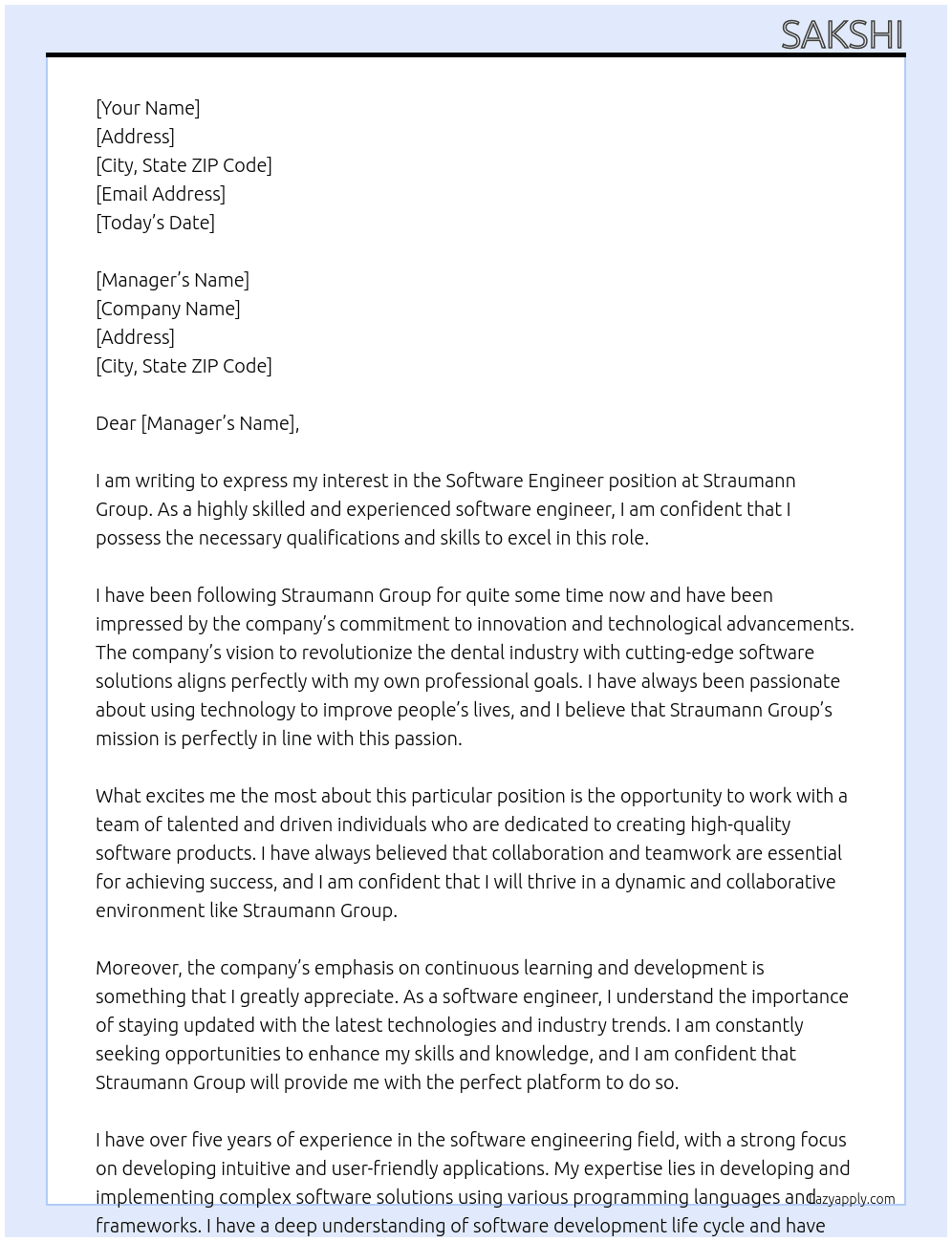 Software Engineer At Straumann Group Cover Letter