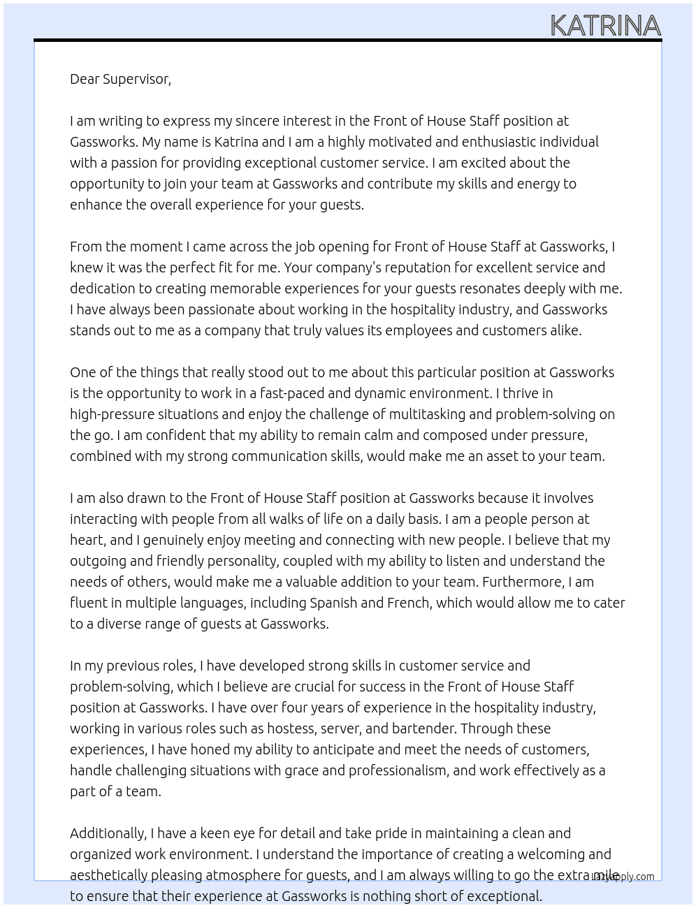 Front of House Staff At Gassworks Cover Letter