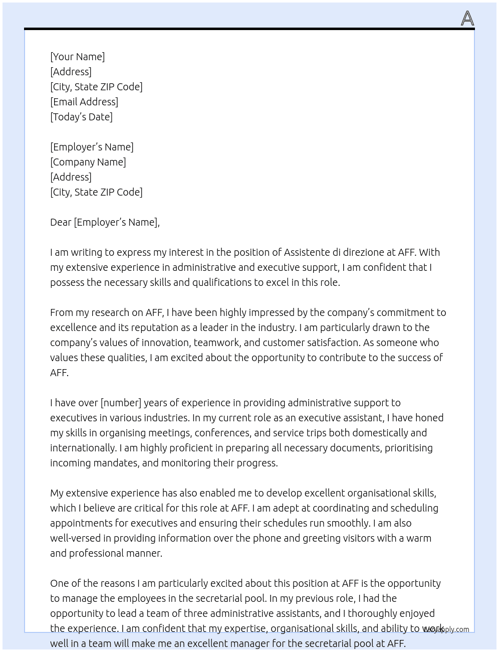 Assistente di direzione At AFF Cover Letter