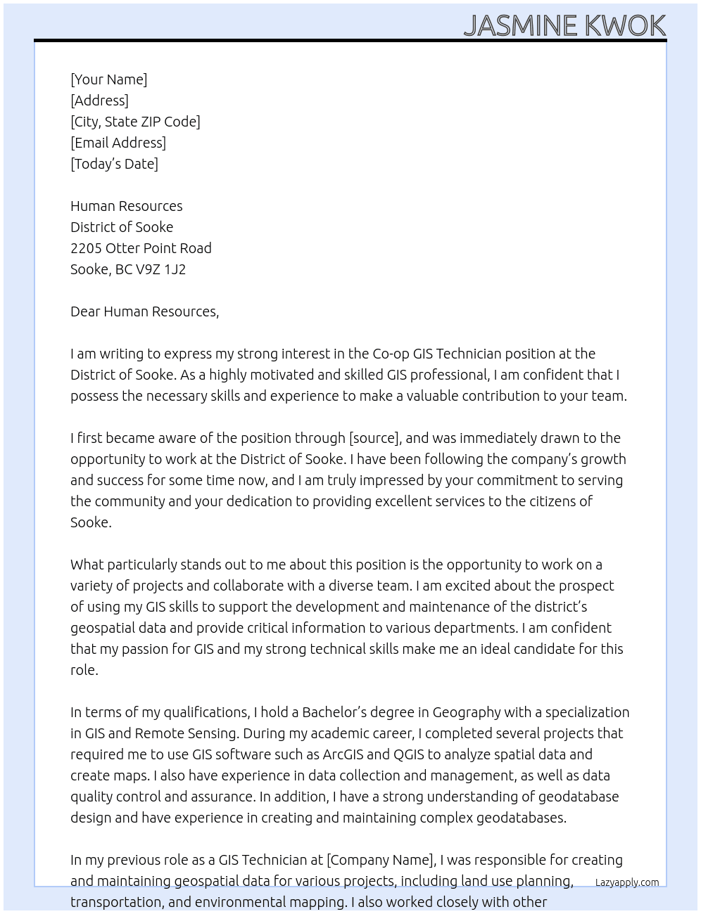 Co-op GIS Technician At District of Sooke Cover Letter