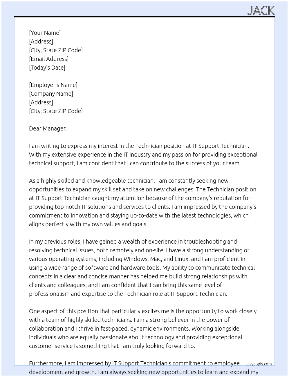 Technician At IT Support Technician Cover Letter