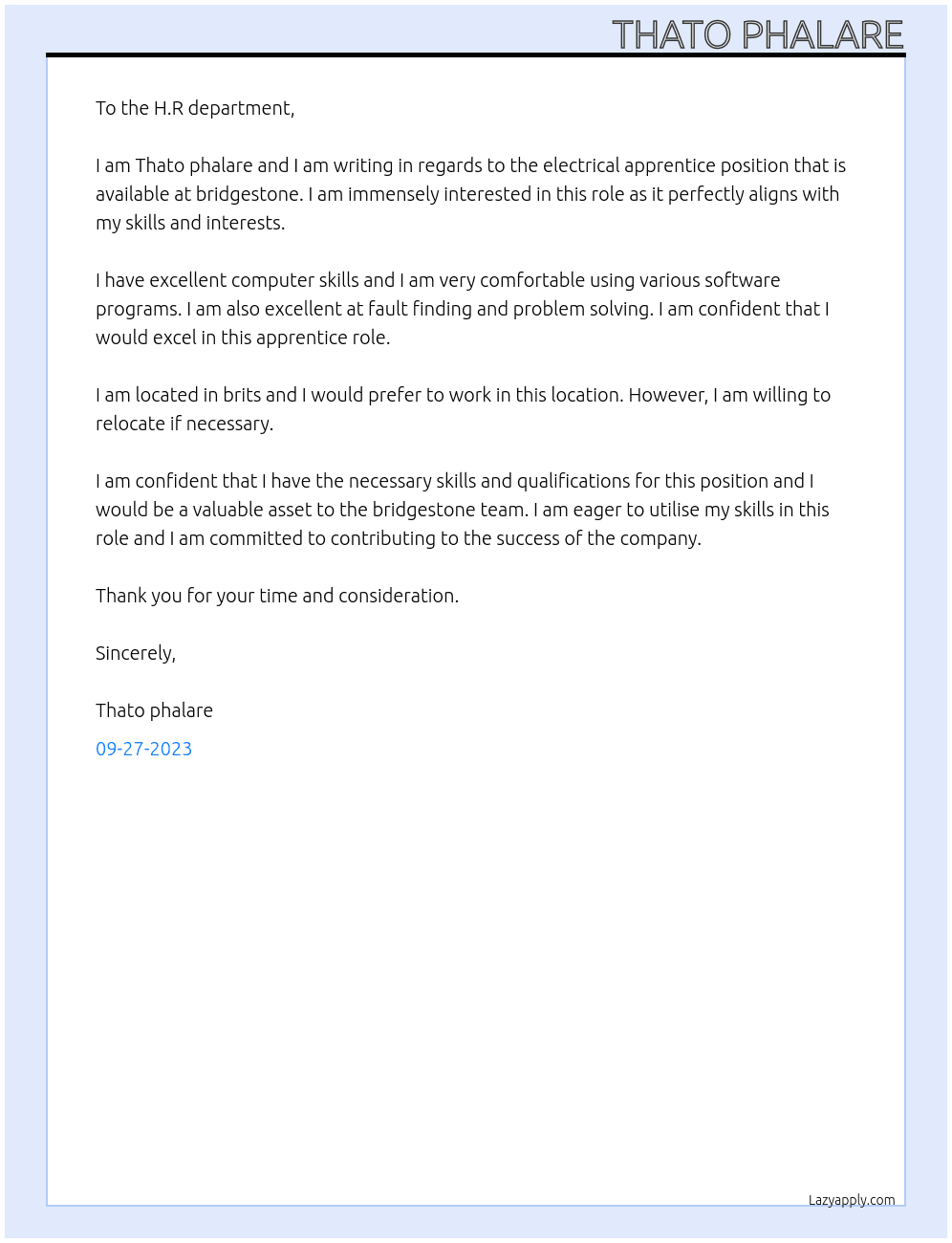 Electrical apprentice At bridgestone Cover Letter