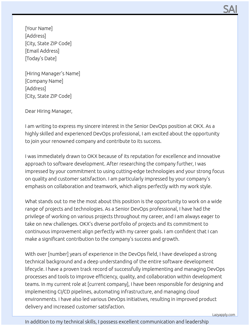 Cover letter for senior devopis - LazyApply