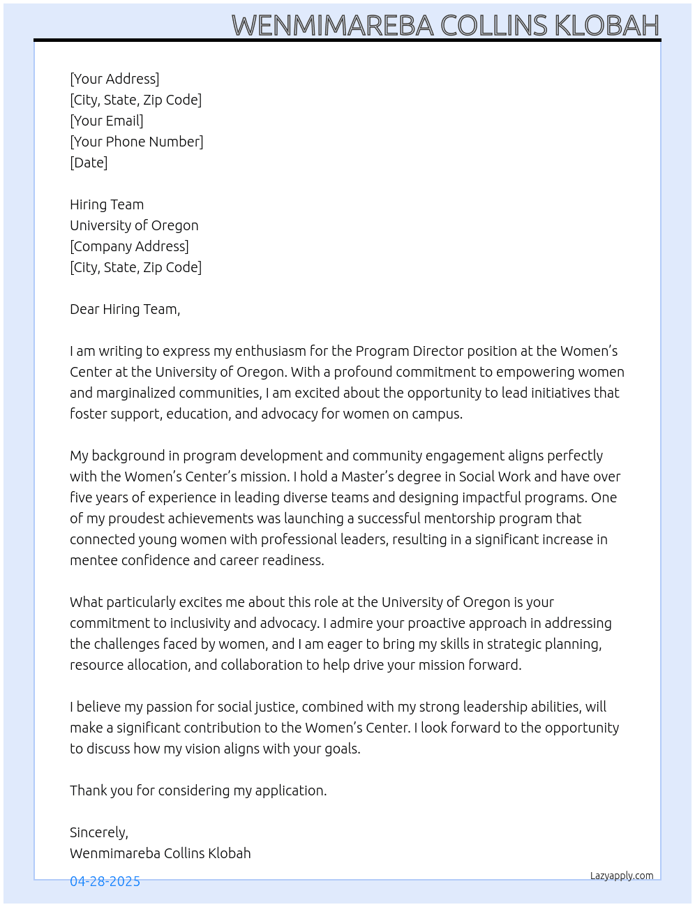 Program Director at Women's Center At University of Oregon Cover Letter