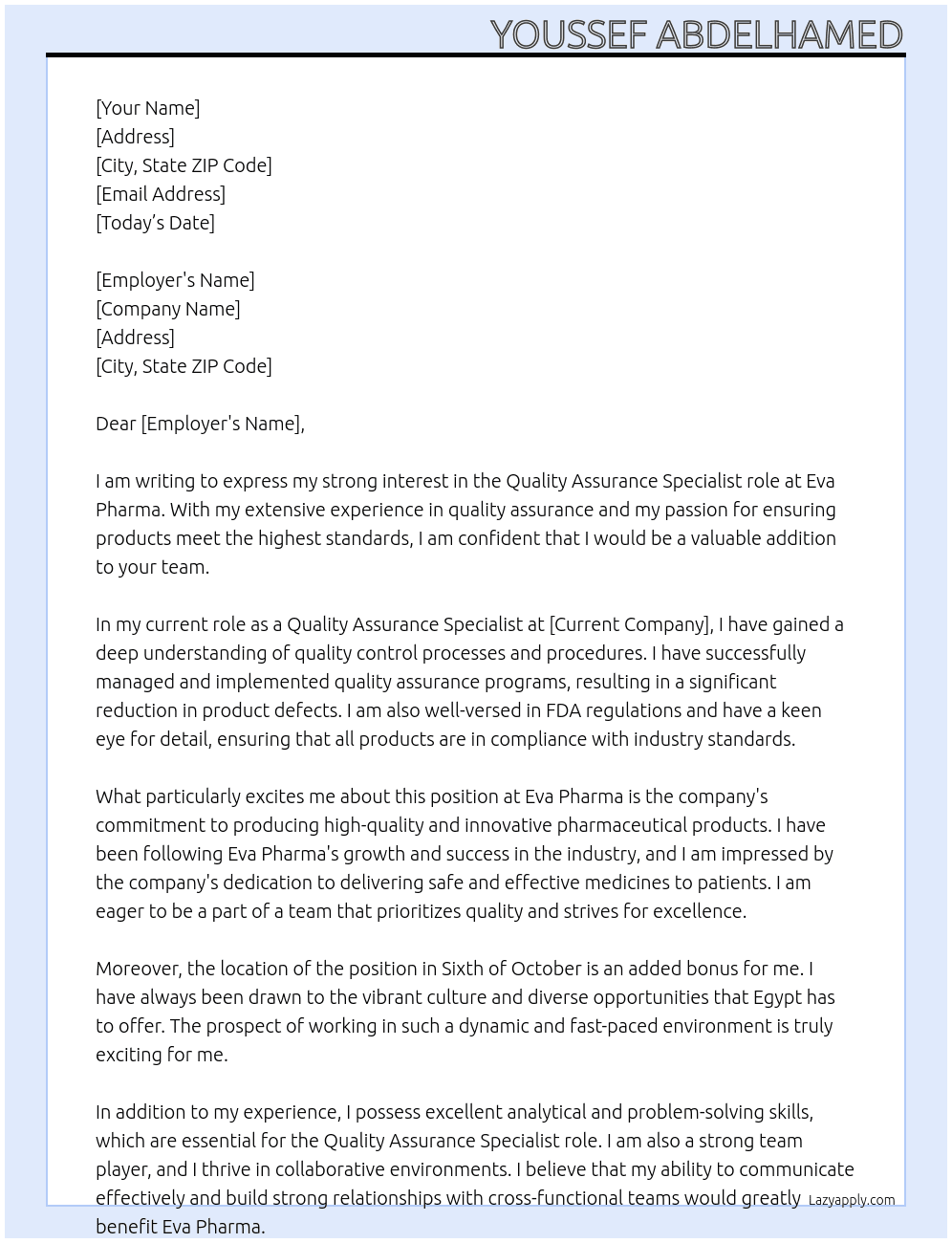 Quality assurance specialist  At Eva Pharma Cover Letter