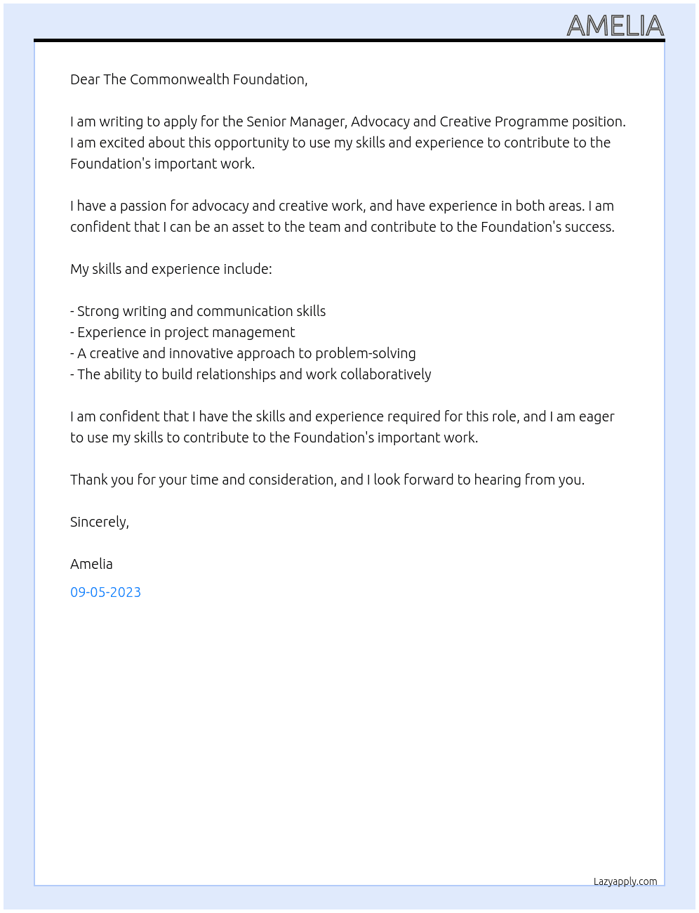 Senior Manager, Advocacy and Creative Programme At Senior Manager, Advocacy and Creative Programme Cover Letter