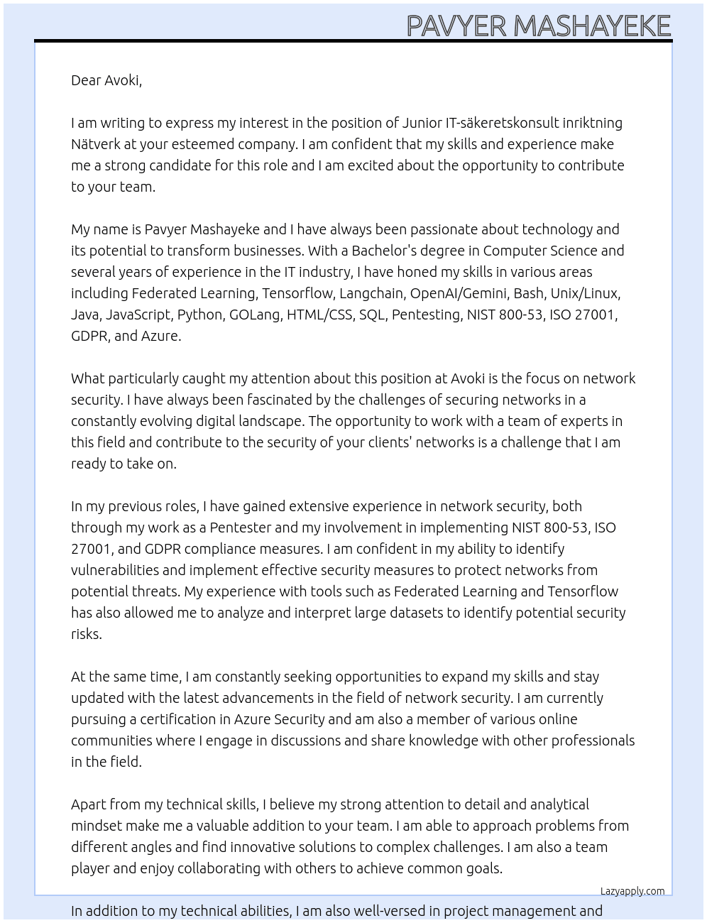 Junior IT- säkerhetskonsult inriktning Nätverk  At avoki Cover Letter