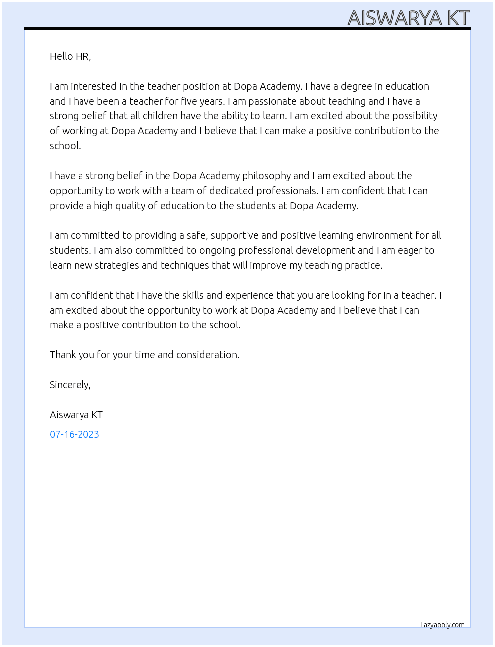 teacher At dopa achademy Cover Letter