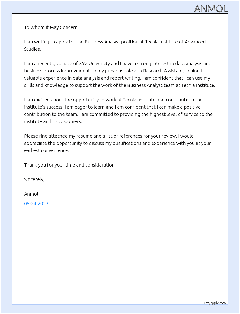 Business Analysit At Tecnia Institute of Advanced Studies  Cover Letter