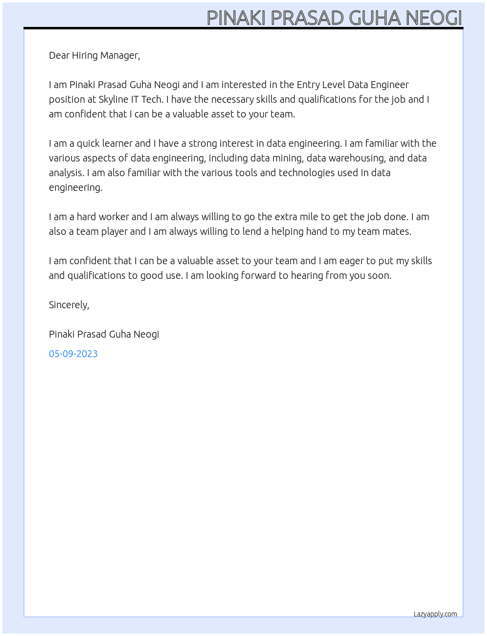 Entry Level Data Engineer At Skyline IT Tech Cover Letter