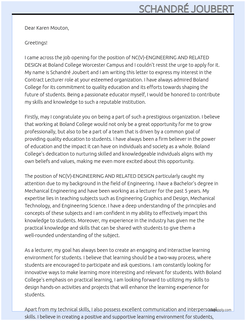 NC(V)-ENGINEERING AND RELATED DESIGN At  Boland College Worcester Campus Cover Letter