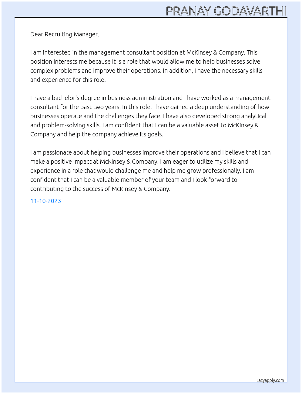 Management Consultant At mckinsey & company Cover Letter
