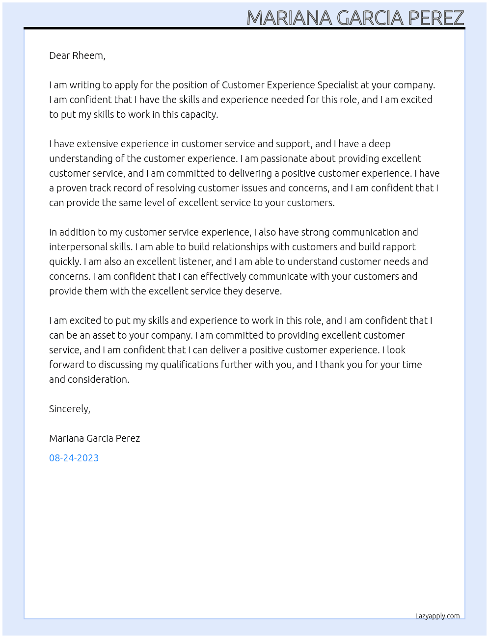 Customer Experience Specialist  At Rheem Cover Letter
