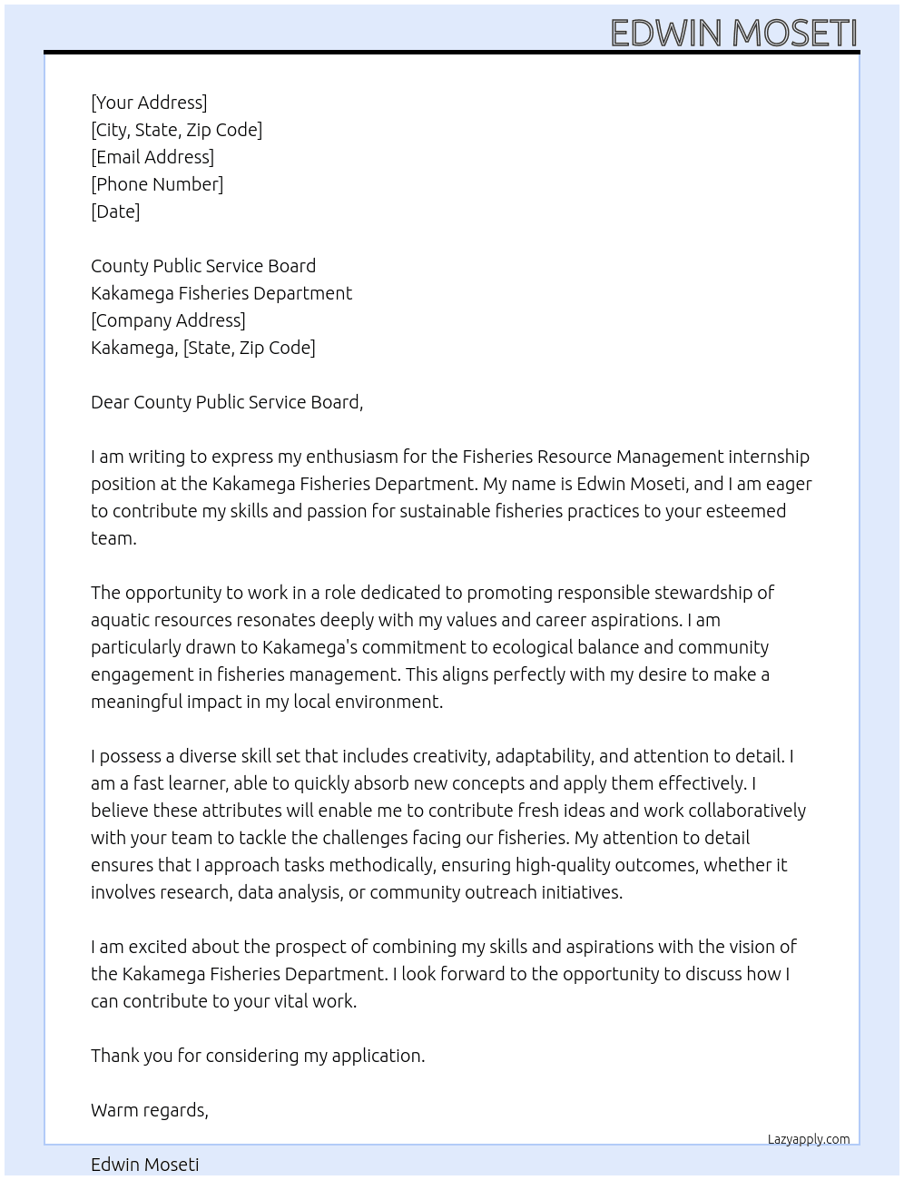 Fisheries Resource Management  At Kakamega Fisheries Department  Cover Letter