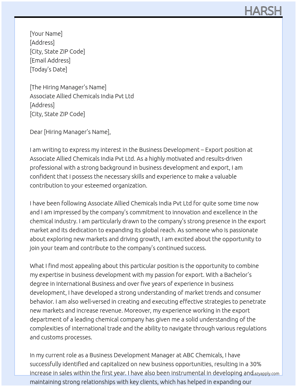 Business Development - Export At Associate Allied Chemicals India Pvt Ltd Cover Letter